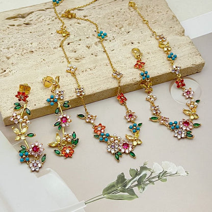 Asymmetric Sparkling Zircon Pearl Inlaid Flower Butterfly Earnail Necklace Bracelet