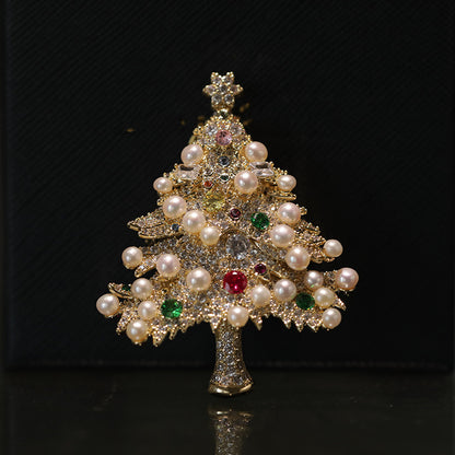 Original natural pearl copper zircon Christmas tree chest flower brooch Christmas gift