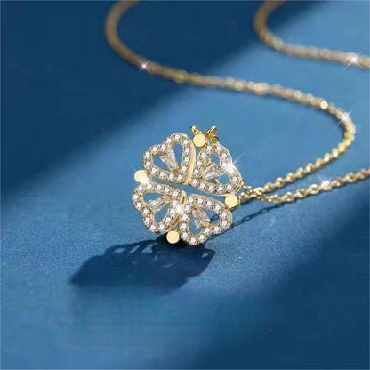 S925 pure silver heart-shaped clover necklace with flowers full of diamonds, light luxury style collarbone chain, a two piece jewelry