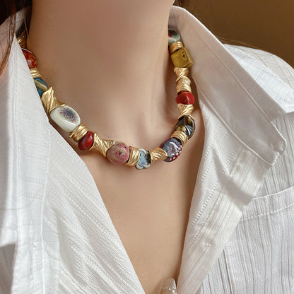 Ethnic style ceramic flower necklace, vintage collarbone chain