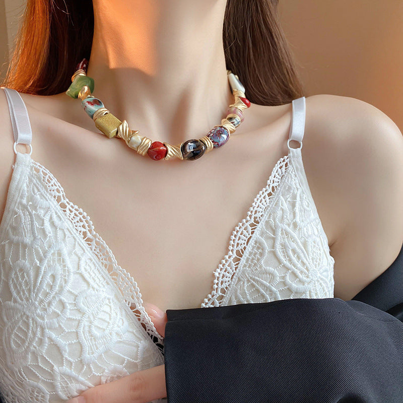 Ethnic style ceramic flower necklace, vintage collarbone chain