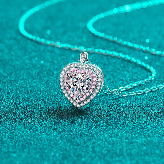 925 sterling silver necklace, heart bag, moissanite pendant plated with Pt950 rose gold collarbone chain