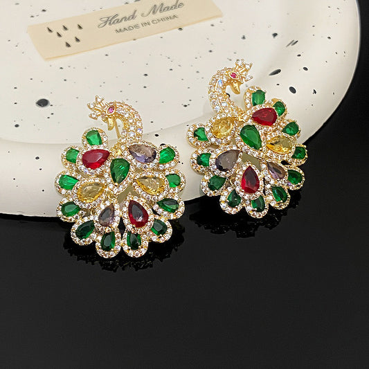 Fashionable and atmospheric heavy industry earrings hot selling micro inlaid zircon peacock earrings fashionable earrings