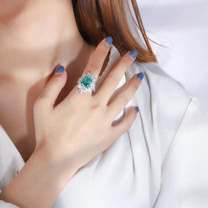 S925 Full body Silver Colored Jewelry Simulation Tourmaline Paraiba Bikou Handmade Ring 10 * 12