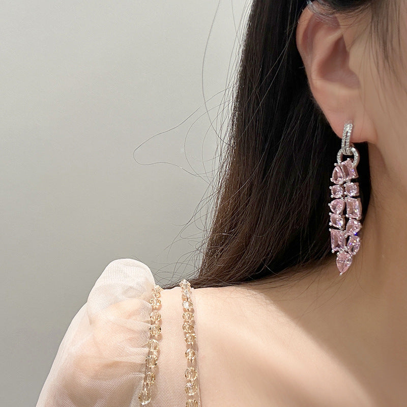 Pink square diamond water drop diamond zircon buckle earrings