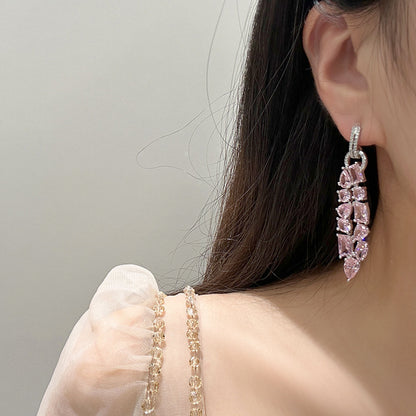Pink square diamond water drop diamond zircon buckle earrings