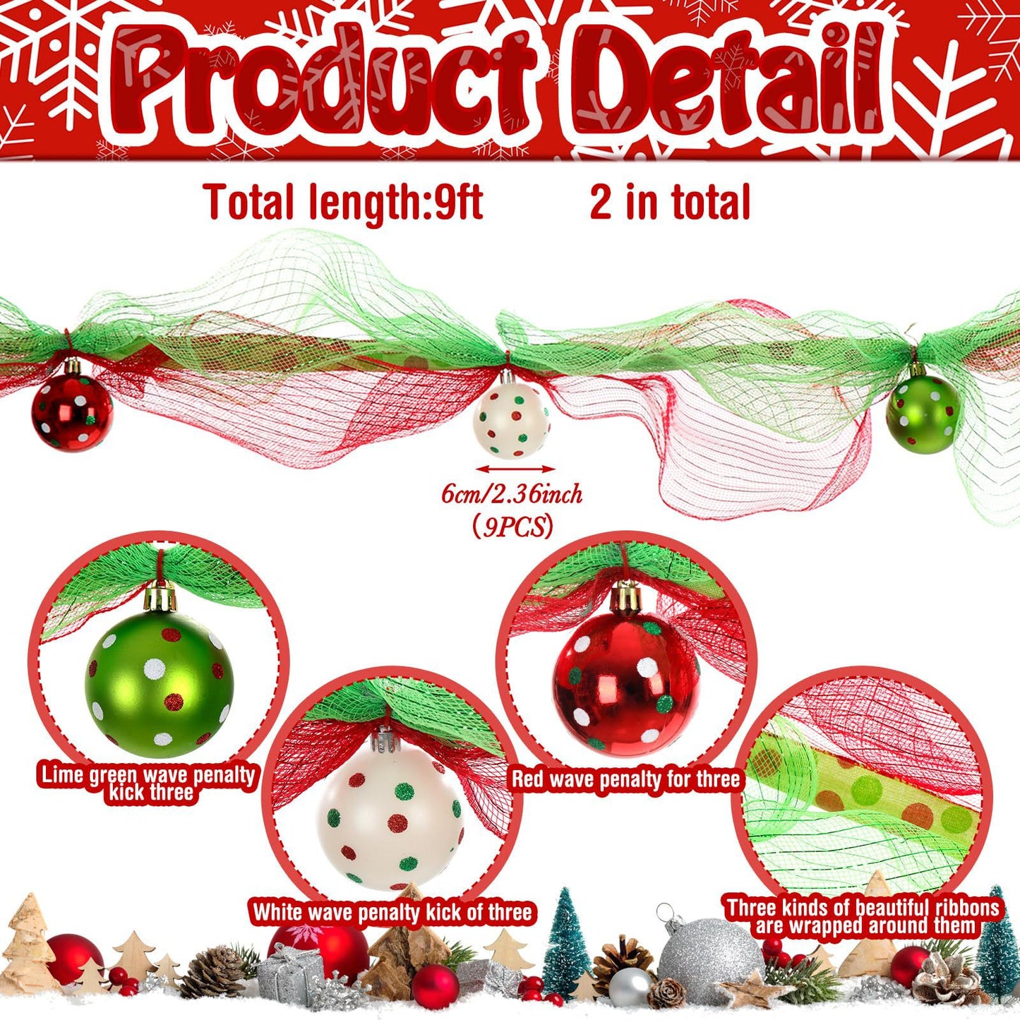 Amazon popular mesh rattan 274CM gold red green ribbon bead string Christmas decoration Christmas rattan