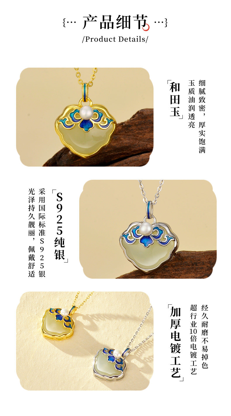 Blue and white porcelain baking varnish wishful item S925 sterling silver natural Hotan Jade pendant advanced clavicle chain