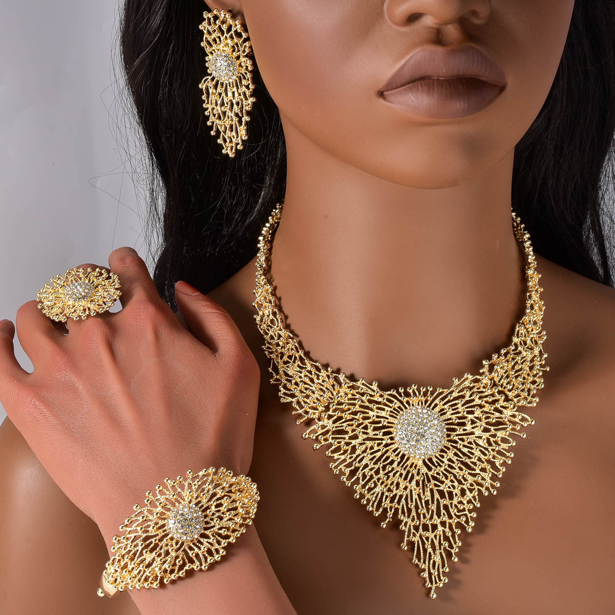 European and American Dubai 18K inlaid rhinestone necklace, earrings, rings, bracelets, jewelry set