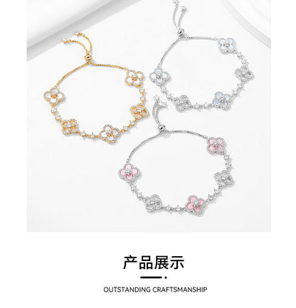Light luxury micro inlaid zircon lucky grass shell bracelet with adjustable pull-out function, high-end exquisite mother shell bracelet bracelet and accessories