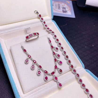 Natural Pigeon Blood Ruby Set Full Body 925 Silver Inlaid Charm Color Gemstone Jewelry