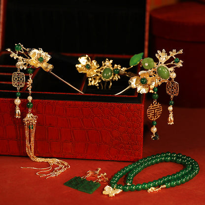 New Chinese style headwear, green bamboo hairpin, phoenix hairpin necklace, earrings, paired hairpin, swaying step by step