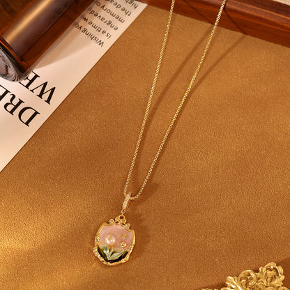 New Monet Garden Natural Pearl Oil Painting Necklace Light Luxury Retro Plated 18K Gold Clothing Chain