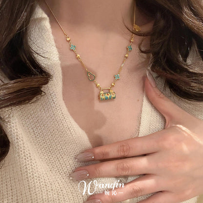 New Chinese style enamel fired blue safety lock pendant necklace