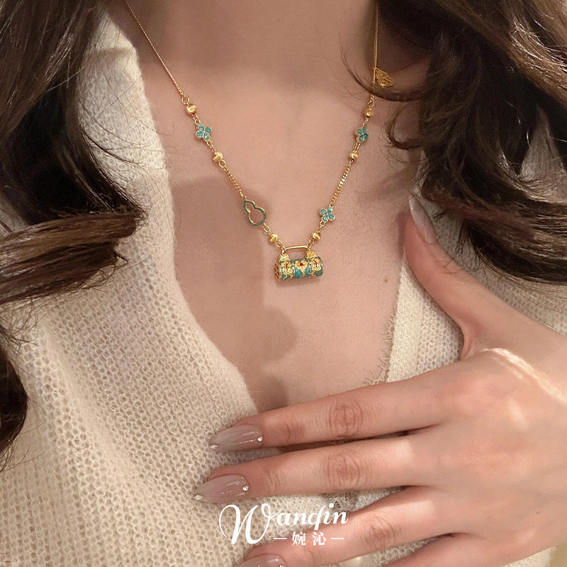 New Chinese style enamel fired blue safety lock pendant necklace