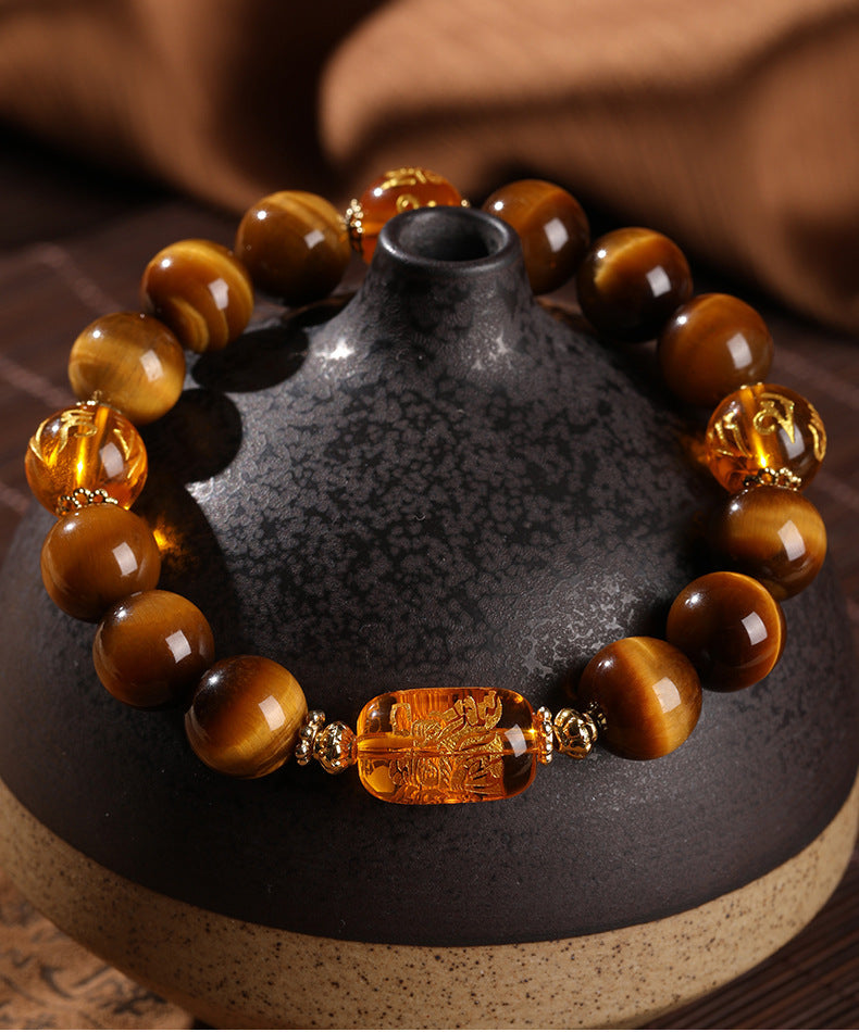 Five Road God of Wealth Natural Yellow Tiger Eye Stone Hand String Six Character Mantra Bracelet Fashion Gift