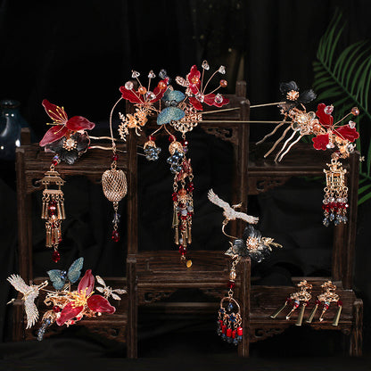 Bridal headwear, Xiuhe clothing, hair accessories, gold red glazed hairpins, fashionable accessories