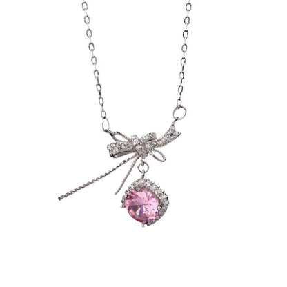 S925 pure silver romantic bow pink zircon necklace exquisite, light luxury, high-end feeling chain