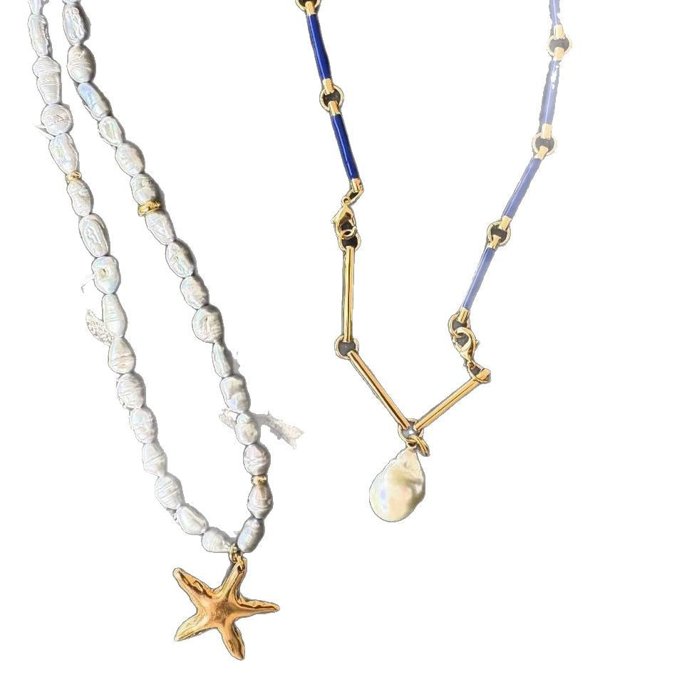 Summer vacation style blue starfish necklace, women's commuting bamboo necklace, simple and versatile, imitation Baroque pearl pendant