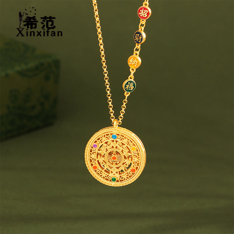 S925 pure silver eight treasure compass pendant, medieval gold flower silk, auspicious enamel, perfect and auspicious eight treasure necklace