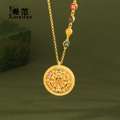 S925 pure silver eight treasure compass pendant, medieval gold flower silk, auspicious enamel, perfect and auspicious eight treasure necklace