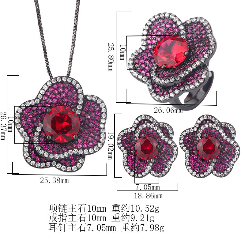 earrings  New jewelry gold-plated copper base simulated red corundum flower black gold set