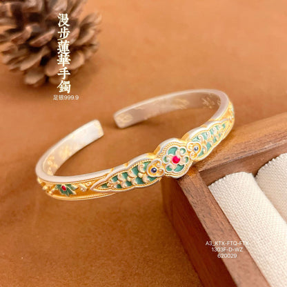 999.9 New Chinese style Palace Lotus Ruyi Bracelet with Gold Inscription and Enamel Color Opening Bracelet