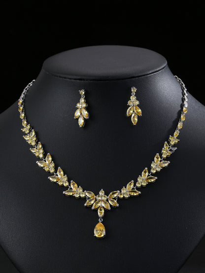 European and American Fashion Zircon Necklace+Earring Set Bridal Dress Banquet Accessories # Women's Holiday Wear