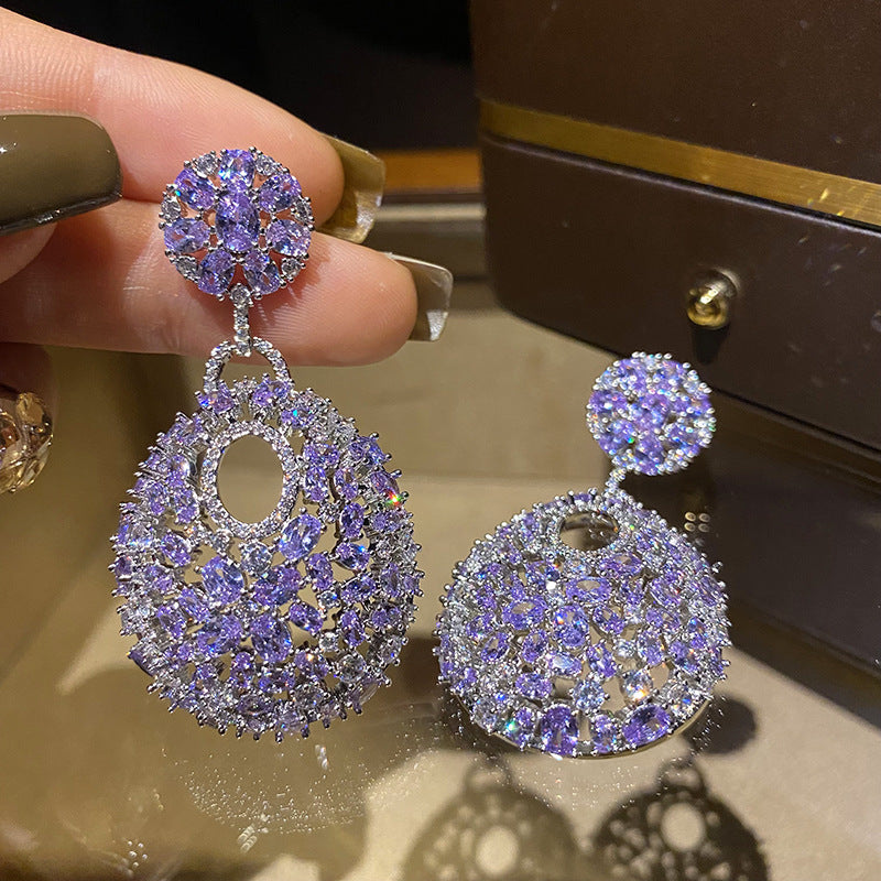 Retro round purple diamond inlaid earrings, fashionable and versatile earrings, silver needle earrings