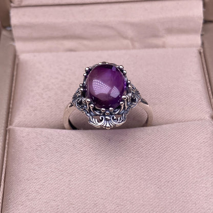 Ring amethyst ring S925 silver inlaid retro making old Nepalese lace women's ring rings
