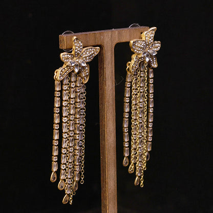European and American exaggerated full diamond flower earrings, mid-century light luxury, vintage earrings, crystal star tassel earrings