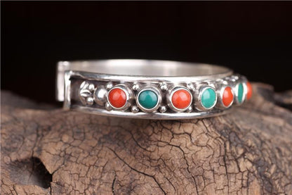 bracelet  Sterling silver inlaid with natural turquoise Nepalese Tibetan jewelry ethnic style