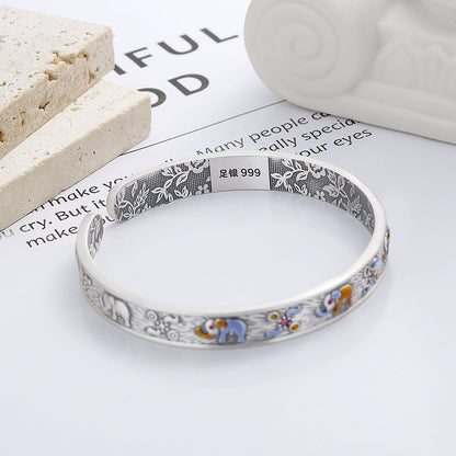 S999 pure silver matte craftsmanship auspicious auspicious elephant dropper pattern inner circle heavy industry design exquisite bracelet