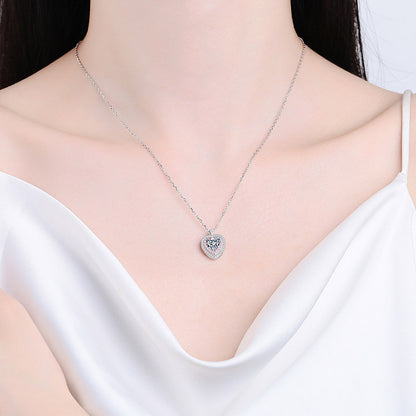 925 sterling silver necklace, heart bag, moissanite pendant plated with Pt950 rose gold collarbone chain