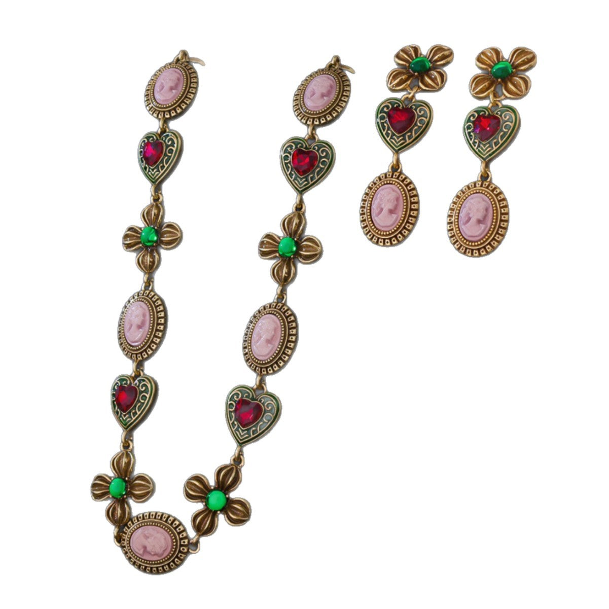 Vintage flower antique necklace, personalized retro accessory set, vintage court heart earrings