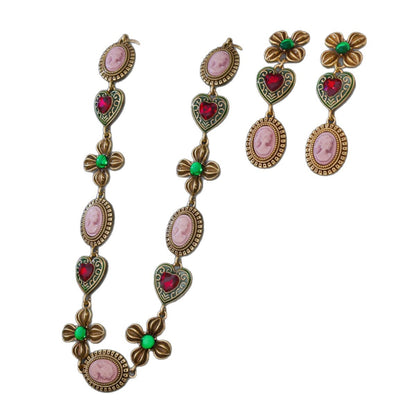 Vintage flower antique necklace, personalized retro accessory set, vintage court heart earrings