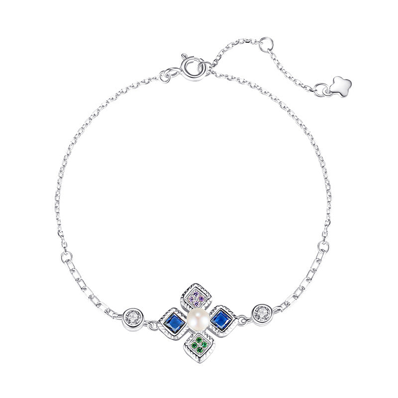 Natural freshwater pearl bracelet for women S925 pure silver lucky clover bracelet, niche high-end zircon bracelet