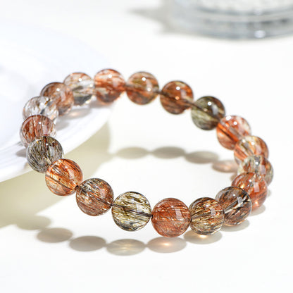 Jiuya Crystal Natural 7A Grade Straight Hair Black Gold Super Seven Round Bead Bracelet