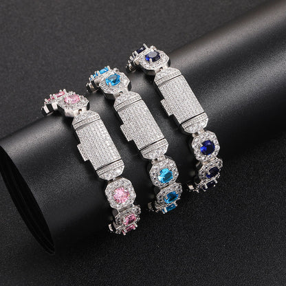European and American trendy brand colored zircon bracelet 12mm flip button rock sugar chain hip-hop men's bracelet accessory