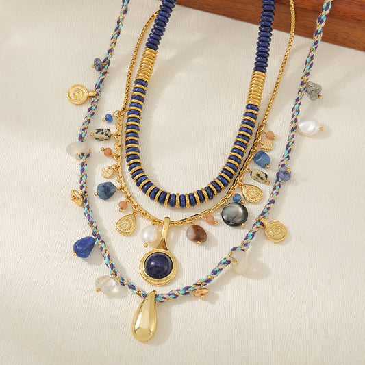 necklace  Tibetan blue stone natural lapis lazuli sweater chain women's freshwater pearl long beaded ethnic style necklace