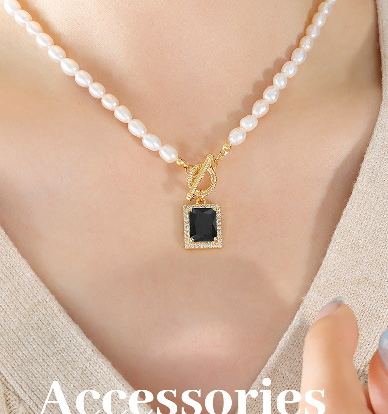 French freshwater pearl collarbone chain zircon starry square pendant necklace versatile titanium steel jewelry
