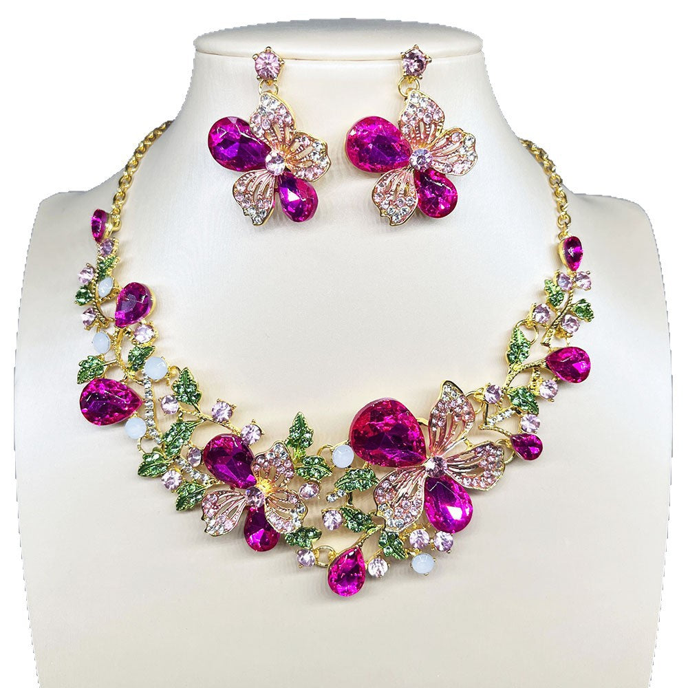 Popular European and American flower necklaces, earring sets, new colorful crystal gemstone evening dress accessories