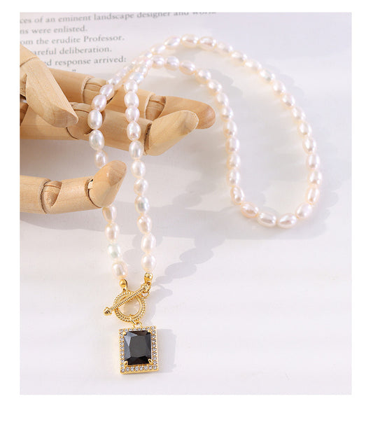 French freshwater pearl collarbone chain zircon starry square pendant necklace versatile titanium steel jewelry