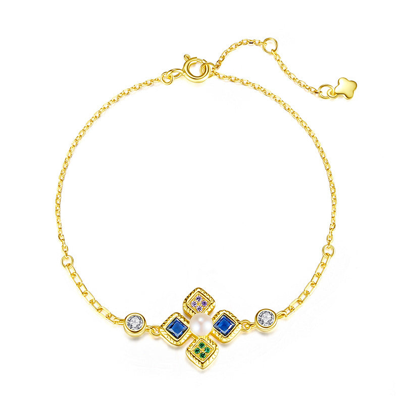 Natural freshwater pearl bracelet for women S925 pure silver lucky clover bracelet, niche high-end zircon bracelet