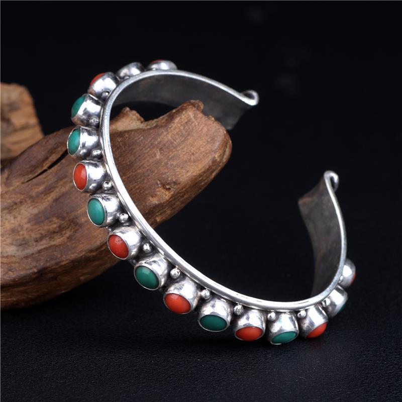 bracelet  Sterling silver inlaid with natural turquoise Nepalese Tibetan jewelry ethnic style
