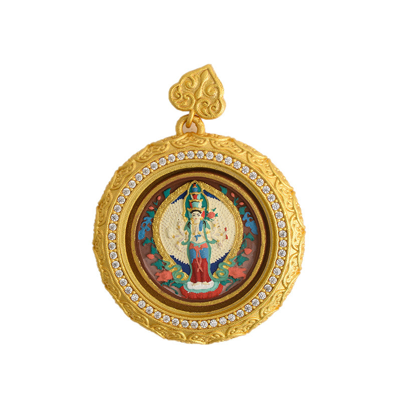 Hand drawn rubbing Thangka pendant, green Tara brass accessory, men's and women's Tibetan Thangka