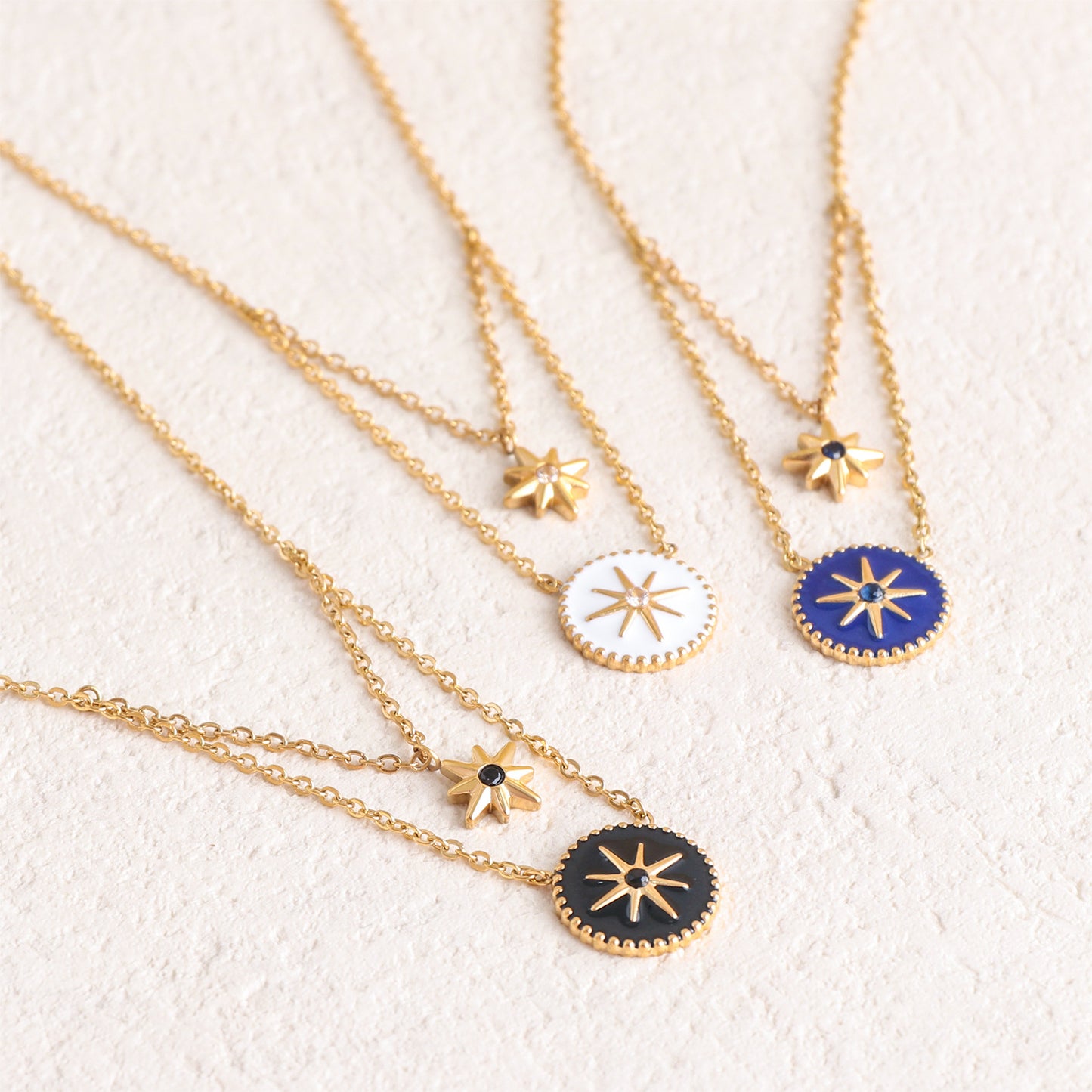 Titanium steel necklace, compass, eight pointed star necklace, Roman retro style, double-layer layered collarbone chain