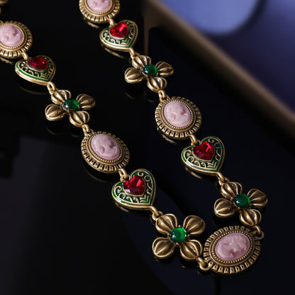 Vintage flower antique necklace, personalized retro accessory set, vintage court heart earrings
