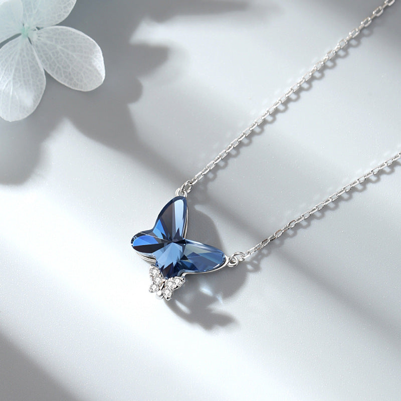 Crystal necklace for women S925 pure silver blue butterfly pendant sweater chain collarbone necklace