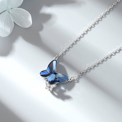 Crystal necklace for women S925 pure silver blue butterfly pendant sweater chain collarbone necklace